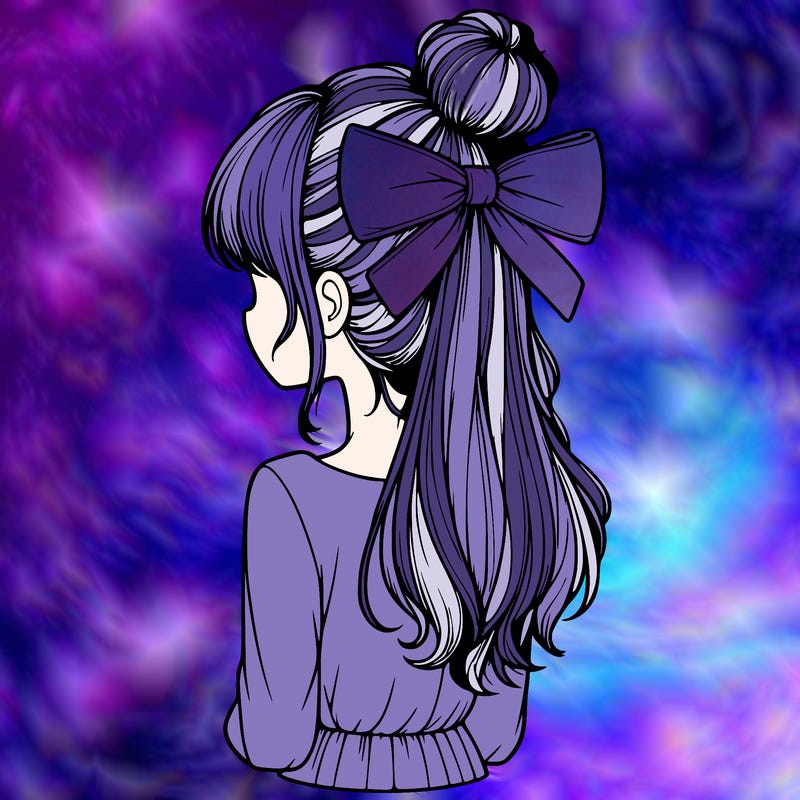 realistic girl  with hip length hair a bun and a big bow on the back of head