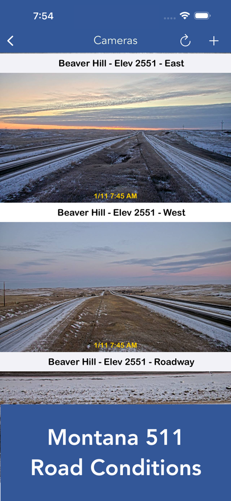 Montana 511 app showing real-time traffic camera feeds of snowy roads at Beaver Hill