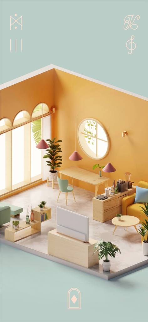 DreamScape: Compass Walls - Isometric view of a modern yellow living room with minimalist furniture and plants