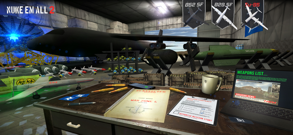 Nuke Em All 2 - A military mission planning room with a stealth bomber and weapons in Nuke Em All 2
