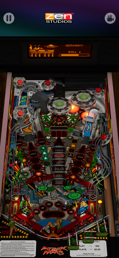 Zen Pinball World - Top down view of the Attack from Mars pinball table featuring UFOs and aliens in Zen Pinball World.
