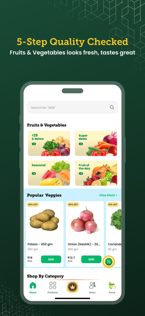 Country Delight app interface showing fresh fruits and vegetables with quality checks