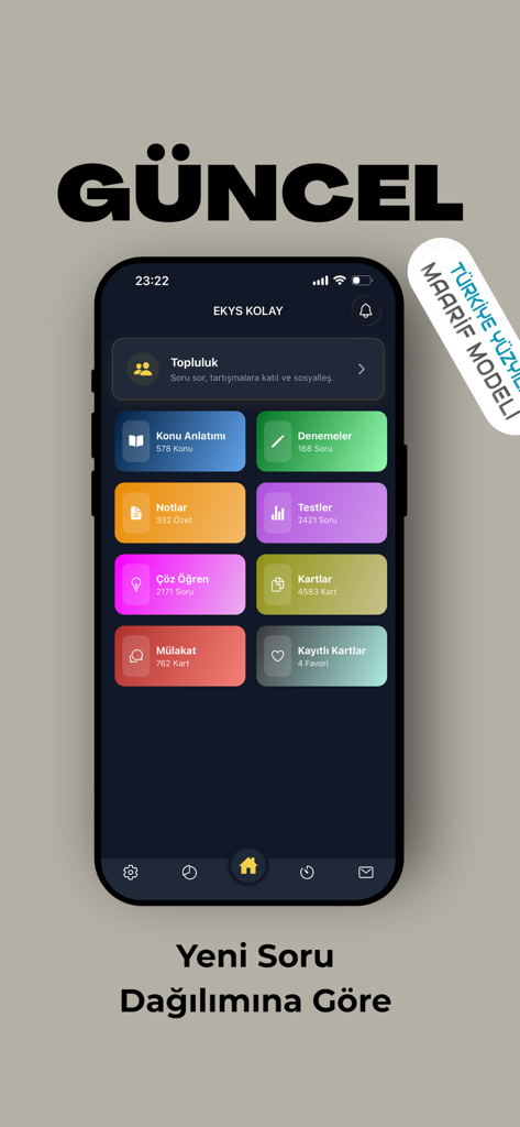 EKYS Kolay Müdür ve Müdür Yrd. - Startbildschirm der EKYS Kolay App, der farbenfrohe Menüoptionen für Prüfungsvorbereitungsmodule wie Tests und Notizen anzeigt