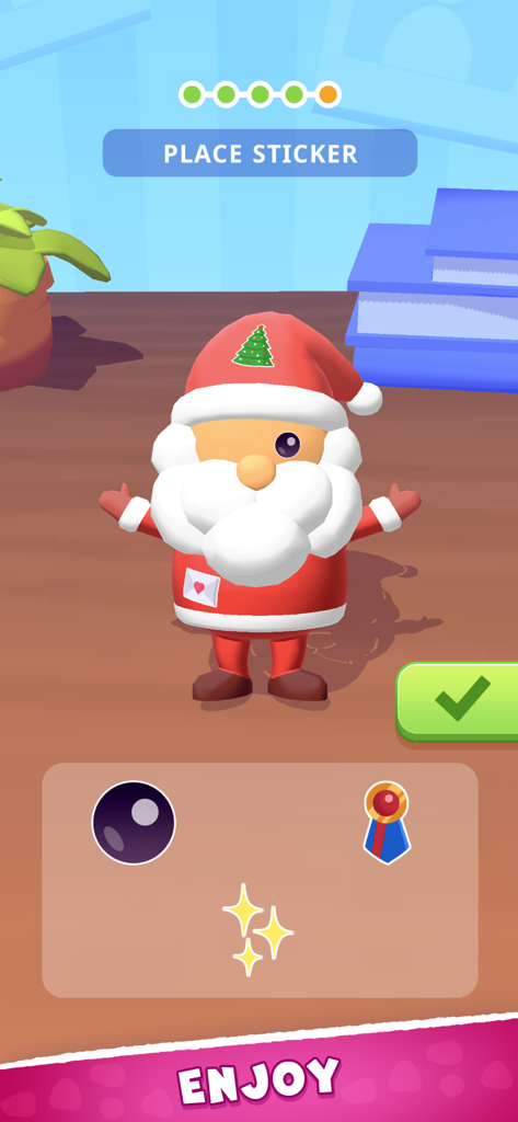 Super Toy 3D - Uma figura do Papai Noel sendo decorada com adesivos na interface do jogo Super Toy 3D