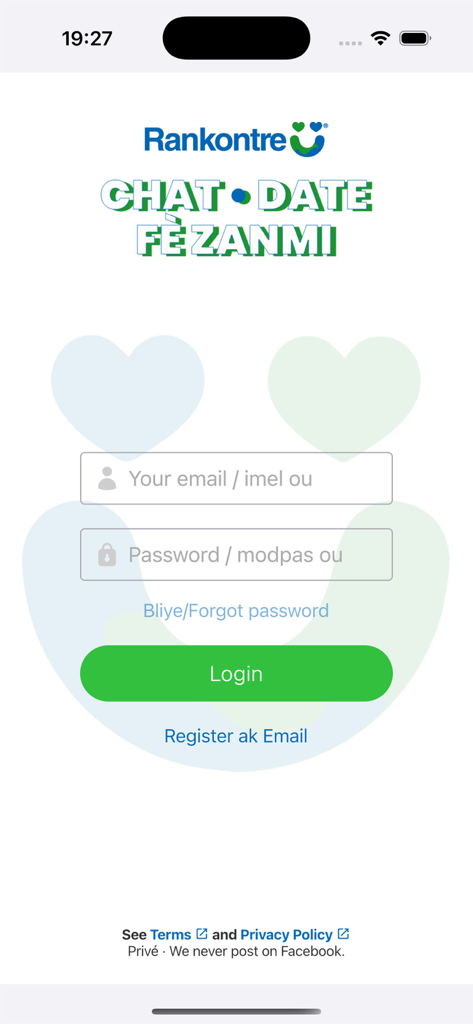 Rankontre: Match. Chat. Date. - Rankontre app login screen for Haitian dating featuring bilingual English and Haitian Creole text fields