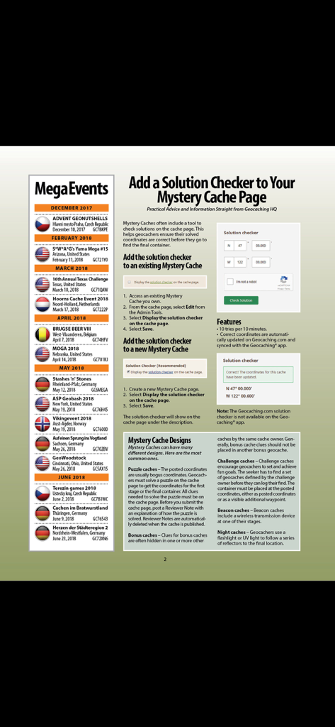 FTF - FTF Geocacher 매거진의 페이지로, 메가 이벤트 목록과 미스터리 캐시 페이지에 솔루션 체커를 추가하는 기술 가이드가 포함되어 있습니다.
