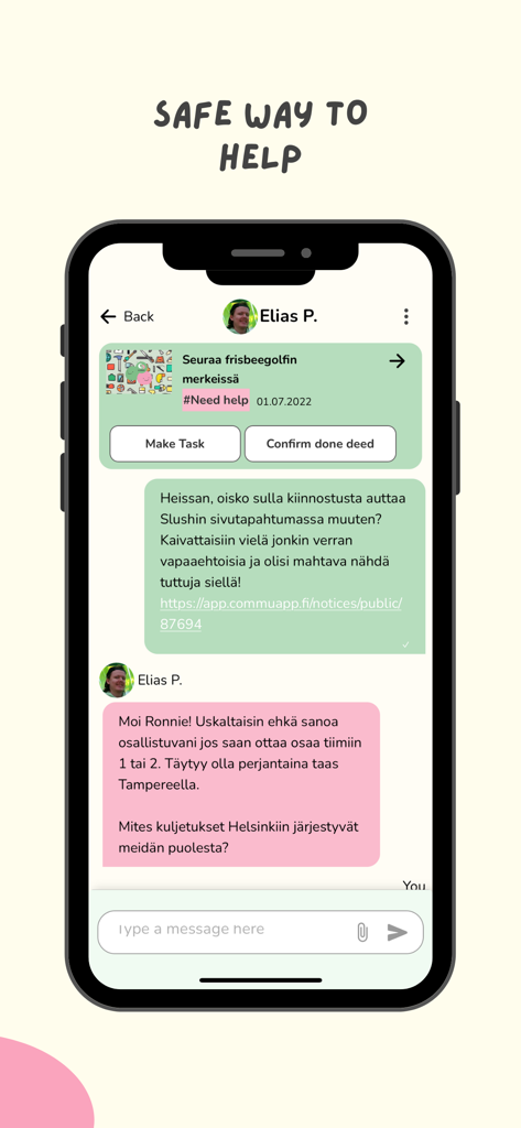 Commu - Screenshot of the Commu app showing a built in secure chat interface for users to safely coordinate neighborly help and volunteering