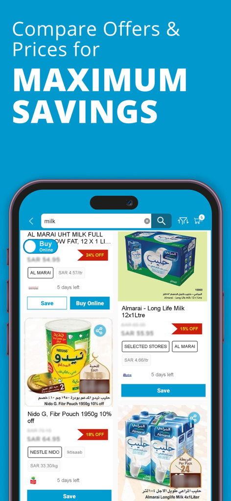ClicFlyer: Weekly Flyer & Deal - ClicFlyer app screen showing a search for milk with various retailer prices and discount offers for comparison.