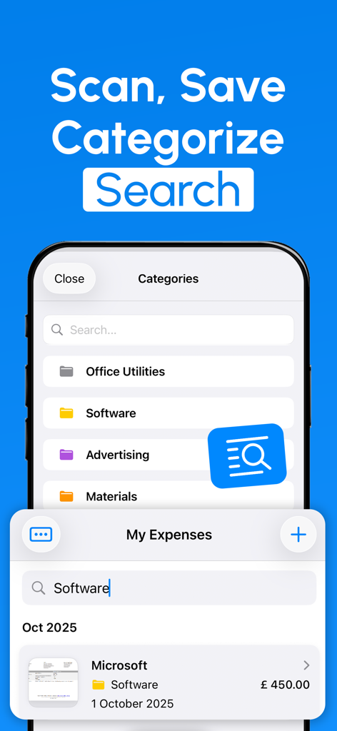 iPhone screenshot of Receipt Scanner app showing categorized expenses and a search bar for quick retrieval