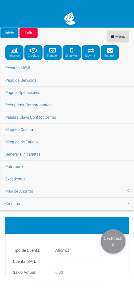 ASECCSS Móvil - Main menu of the ASECCSS Movil app displaying financial service options like savings credits and transfers