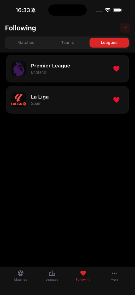 A mobile interface of the Koora Live app showing the Following screen where the user has selected Premier League and La Liga.