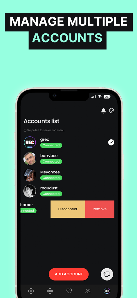 Screenshot of the GREC app interface showing a list of managed social media accounts with options to disconnect or add new ones.