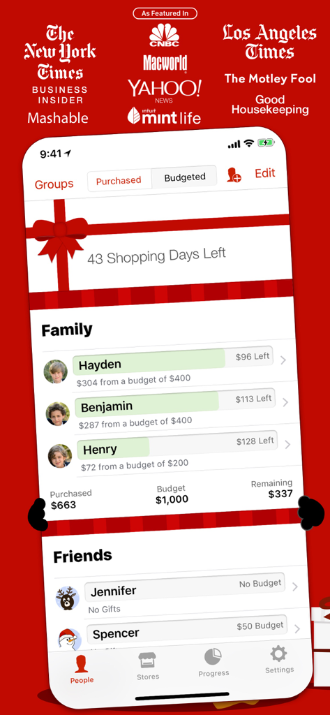 The Christmas List - Screenshot of The Christmas List app interface showing family gift budgets and a holiday countdown.