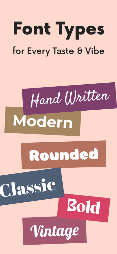Fontini: fonts for ig story - Eine Anzeige verschiedener Schriftartenstile in der Fontini-App, darunter Handwritten Modern Rounded Classic Bold und Vintage