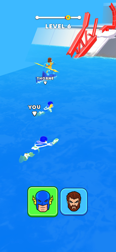 Hero Transform: Superhero Game - Superhero character swimming in a water level race