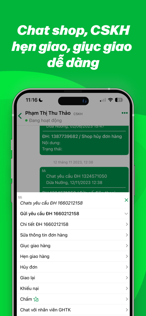 iGHTK app interface for chatting with customer support and managing delivery requests