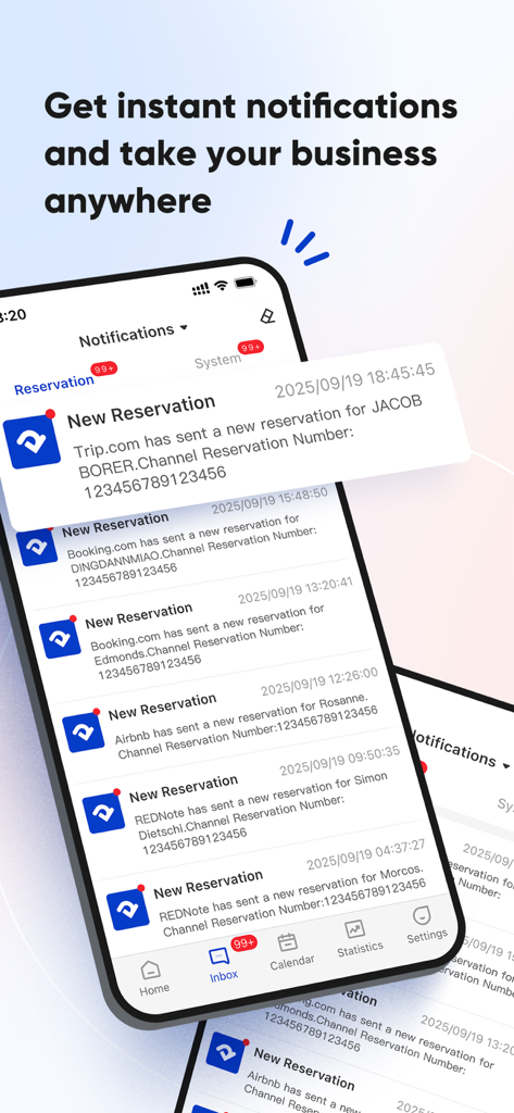 Interfaz de la aplicación móvil Smart Order PMS mostrando una lista de notificaciones de nuevas reservas de varias plataformas de reserva.
