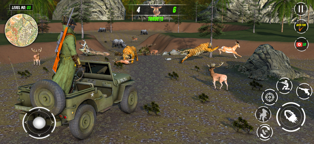 Animal Hunter : Hunting Games - Gameplay of Animal Hunter showing a sniper in a jeep hunting tigers and deer in a safari environment