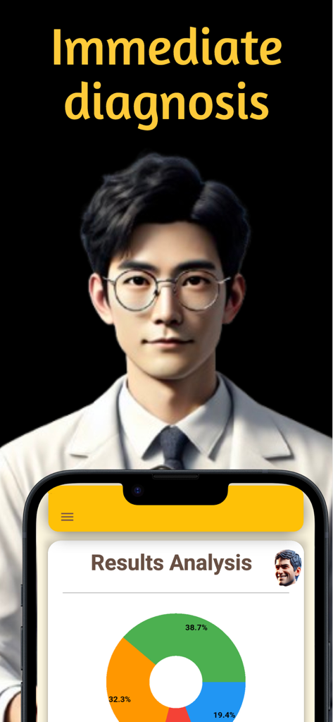 Un smartphone mostrando un gráfico circular tipo dona de colores bajo el encabezado Análisis de Resultados con una imagen de un hombre profesional en bata blanca al fondo.