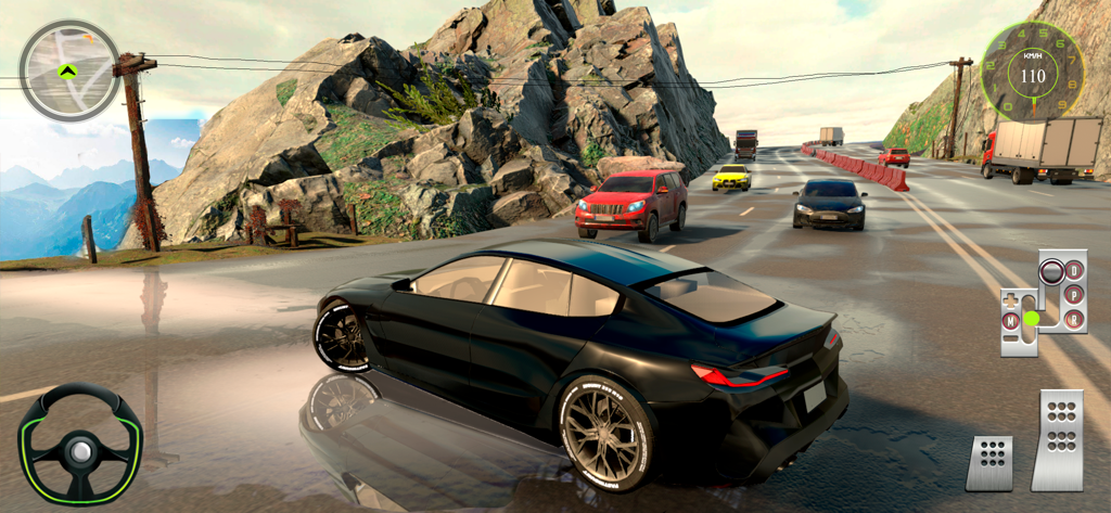 Car Driving 2024 : Racing Game - Captura de pantalla del juego Car Driving 2024 mostrando un coche deportivo negro en una carretera de montaña escénica con tráfico