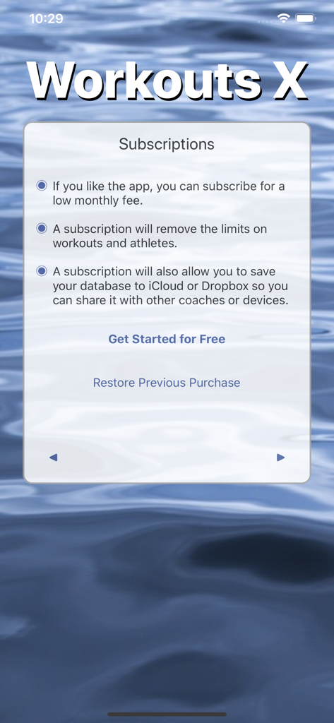 Subscription screen for the Workouts X swim coach app showing membership benefits and features on a water background