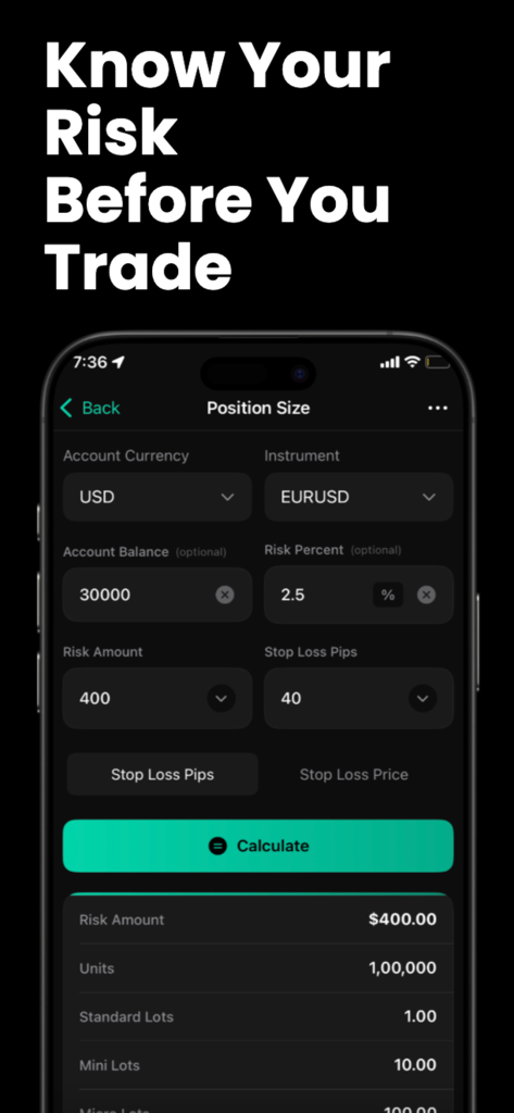 Forex Calculator & Tools - Schermata del calcolatore della dimensione della posizione nell'app Calcolatore Forex e Strumenti che mostra i calcoli di gestione del rischio per il trading EURUSD.