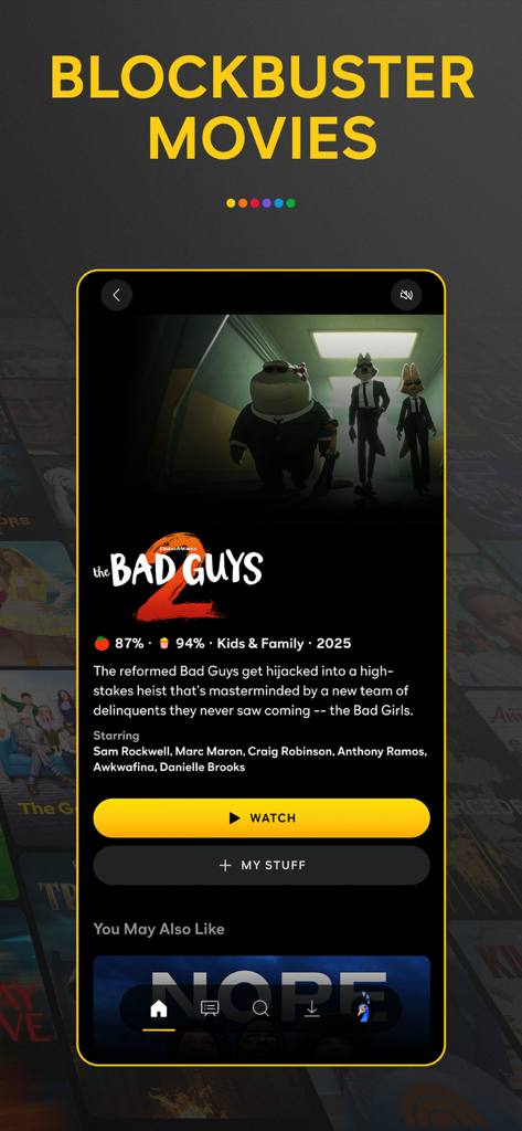 Oberfläche der Peacock TV-App, die die Detailseite des Films The Bad Guys 2 im Abschnitt Blockbuster-Filme anzeigt