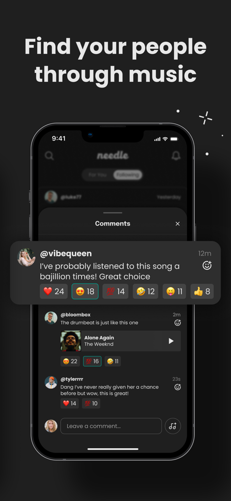 Needle Music app interface showing social comments and emoji reactions on shared songs