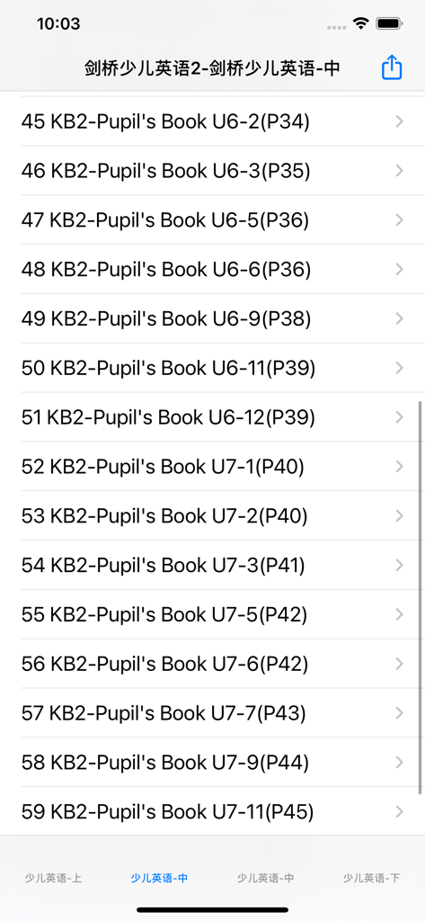 A list of audio lessons from the Cambridge Young Learners English 2 pupil book organized by unit and page number