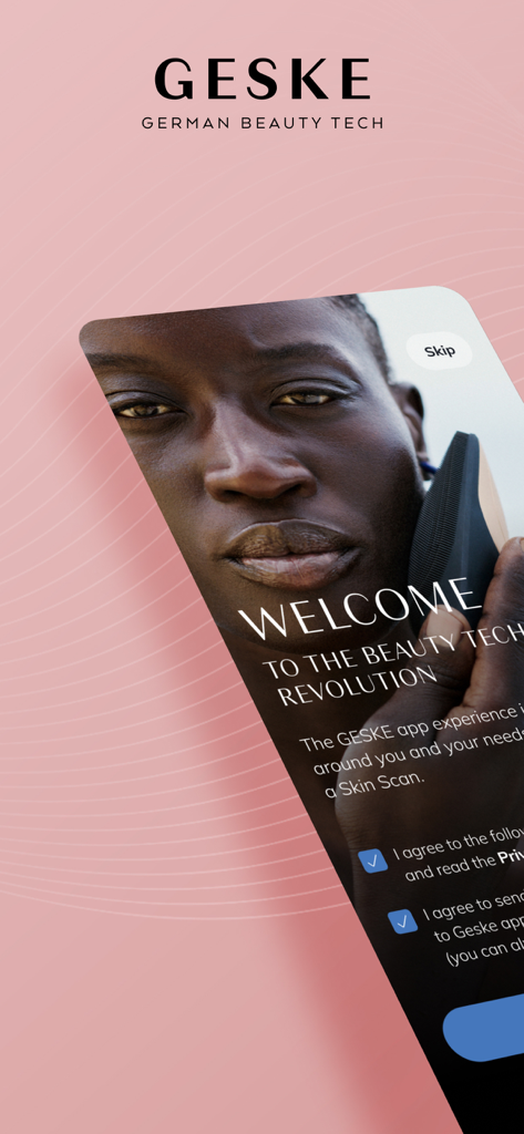 GESKE: German Beauty Tech - Welcome screen of the GESKE German Beauty Tech app showing a person using a facial cleansing device