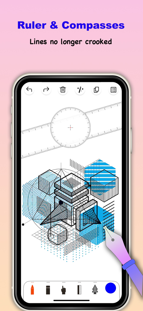 Sketch Tree Pro app showing the ruler and compasses tool for precise geometric drawing