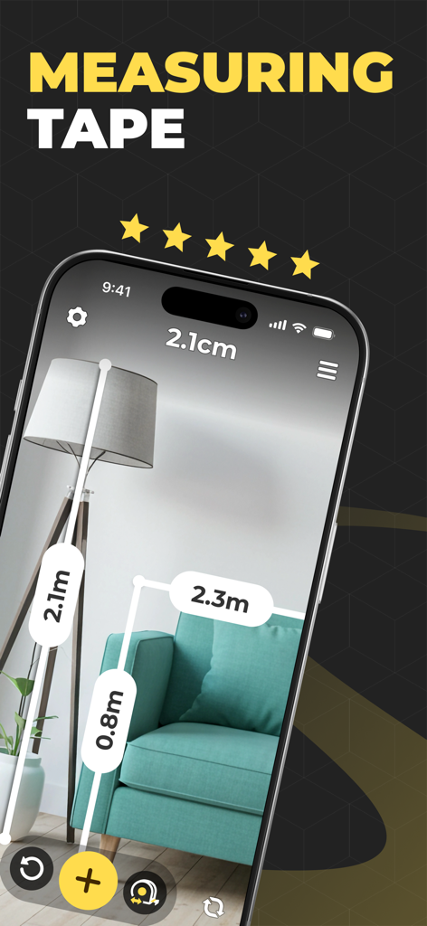 iPhone app using AR technology to measure the height of a floor lamp and dimensions of a teal sofa.