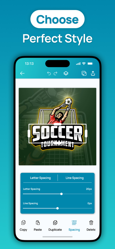 Logo Maker - Business Logo - Interface of the Logo Maker app showing typography spacing controls for a soccer tournament logo design.
