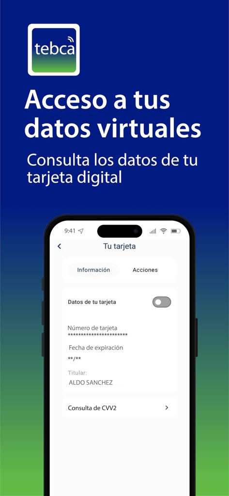 TEBCA - TEBCA app screen displaying digital card information and virtual data access