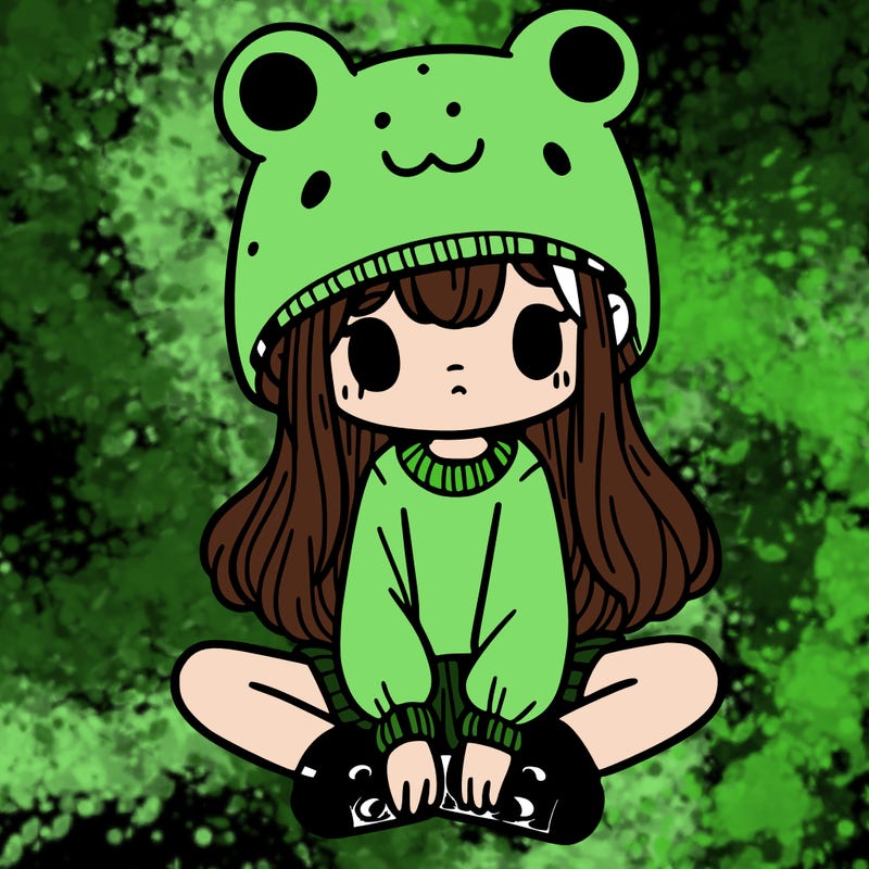 a girl wearing a frog hat and some frog socks
