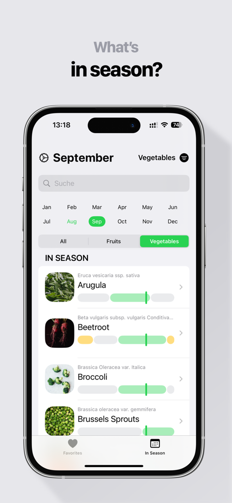 In Season: eat fresh & healthy - Interface de l'application In Season montrant les légumes de saison pour septembre, y compris la roquette et la betterave