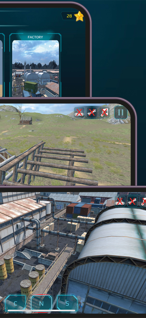 SimuDrone app showing drone flight practice in factory and rural environments