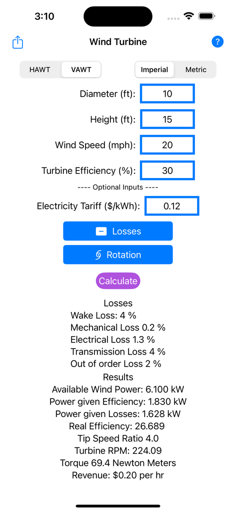 Wind Turbine Calculator - Wind Turbine Calculator app interface showing technical parameters and revenue calculations for a vertical axis wind turbine