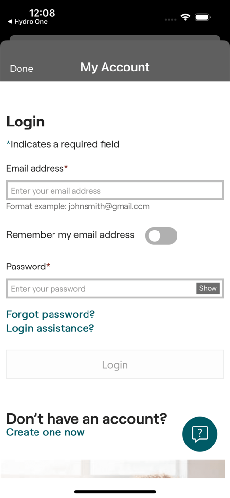Hydro One Mobile - Hydro One Mobile app login page showing email and password input fields for account access.