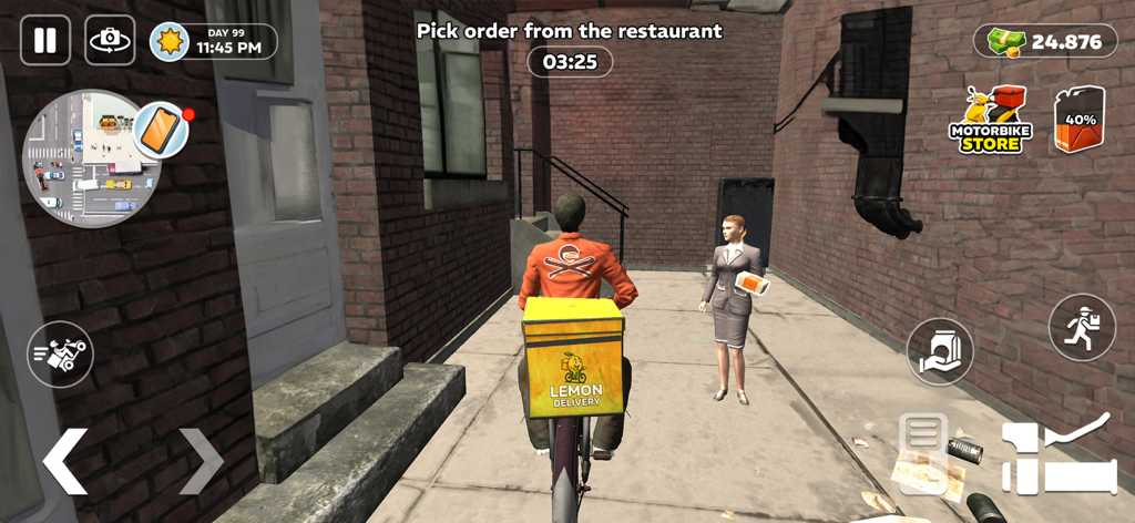 Deliver Till Dawn - Una captura de pantalla del juego Deliver Till Dawn que muestra a un personaje en una bicicleta de reparto recogiendo un pedido de comida de un cliente en un callejón urbano.