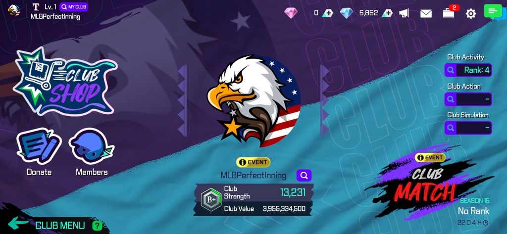MLB Perfect Inning 25 club menu interface showing club strength club shop and club match options