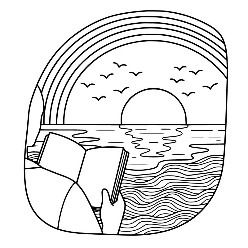 a sun set with water below and the sand wit birds in the sky and a half 🌈