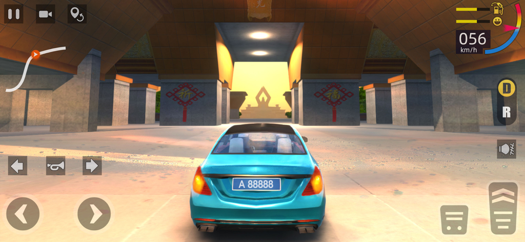Best Driving - Road Trip Sim - A blue car driving through a temple courtyard in the Best Driving Road Trip Sim game.