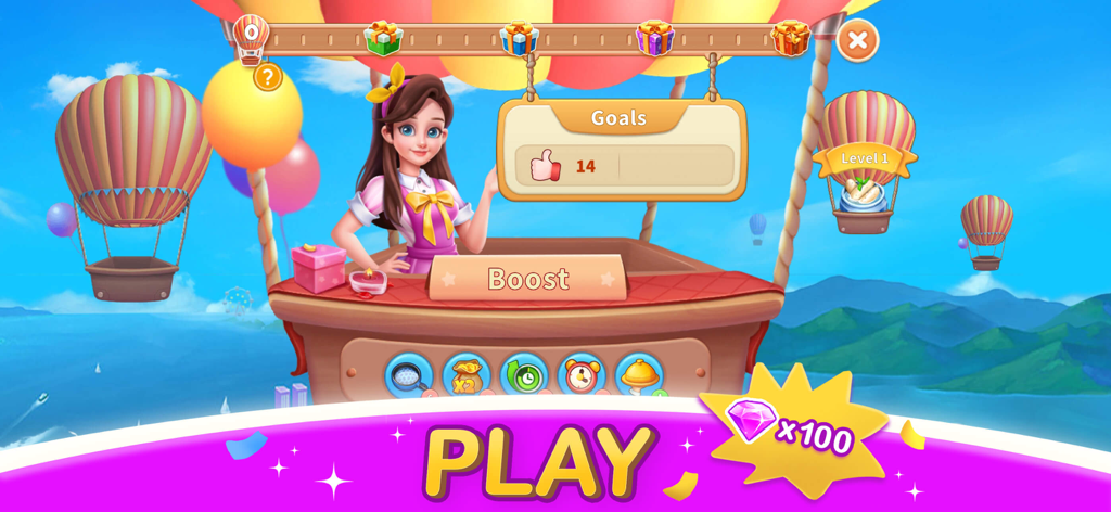 Cooking Journey: Food Games - Game screen of Cooking Journey featuring a female chef character in a hot air balloon with level goals and a play button