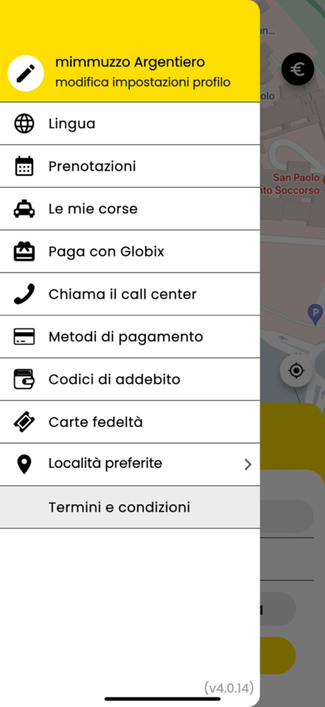 inTaxi, il tuo taxi - Side navigation menu of the inTaxi app showing options for bookings, payments, and loyalty cards.