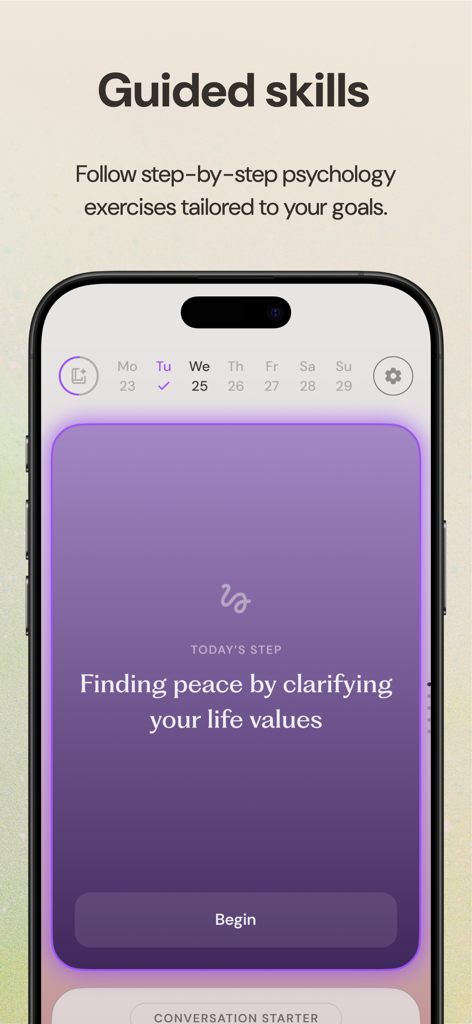 Ash AI app interface showing a guided psychology exercise for clarifying life values.
