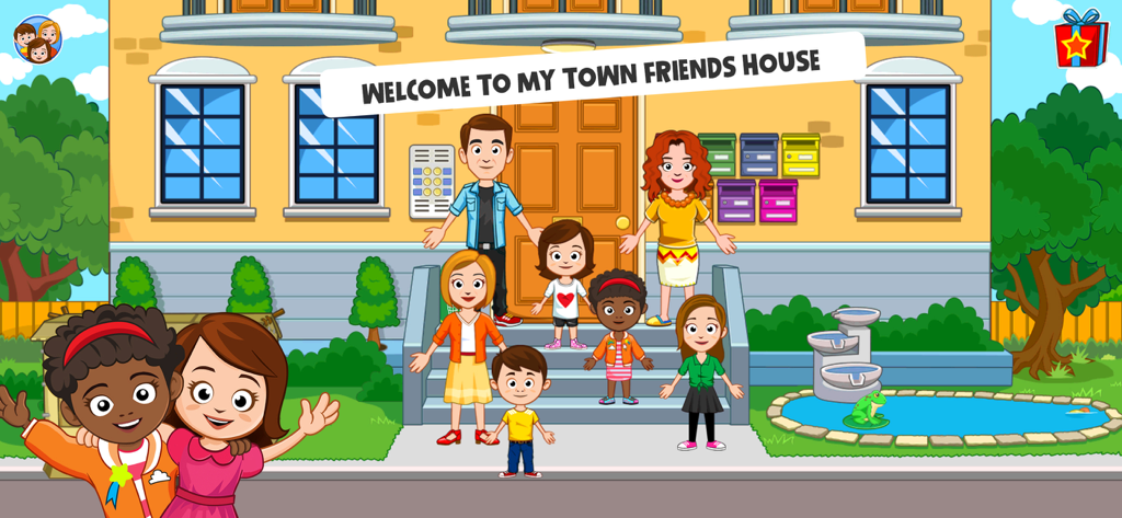 My Town Friends House PJ game - Personagens diversos de desenho animado em frente a uma casa com um banner de boas-vindas
