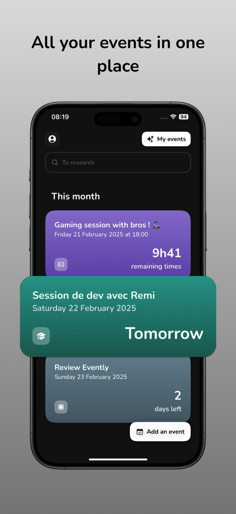 Evently – Event Organizer - Interfaz de la aplicación Evently mostrando una lista de próximos eventos sociales y profesionales con cuentas regresivas
