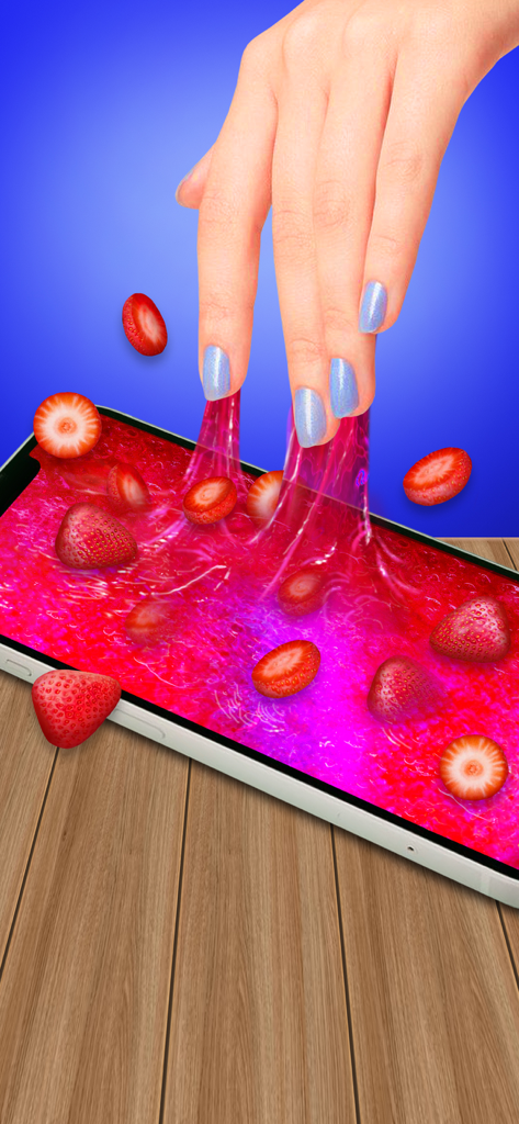 A hand pulling virtual pink strawberry slime from a smartphone screen