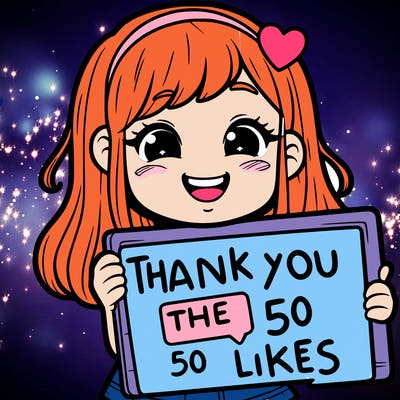 a happy girl holding a sign that says "tank you for the 50 likes"